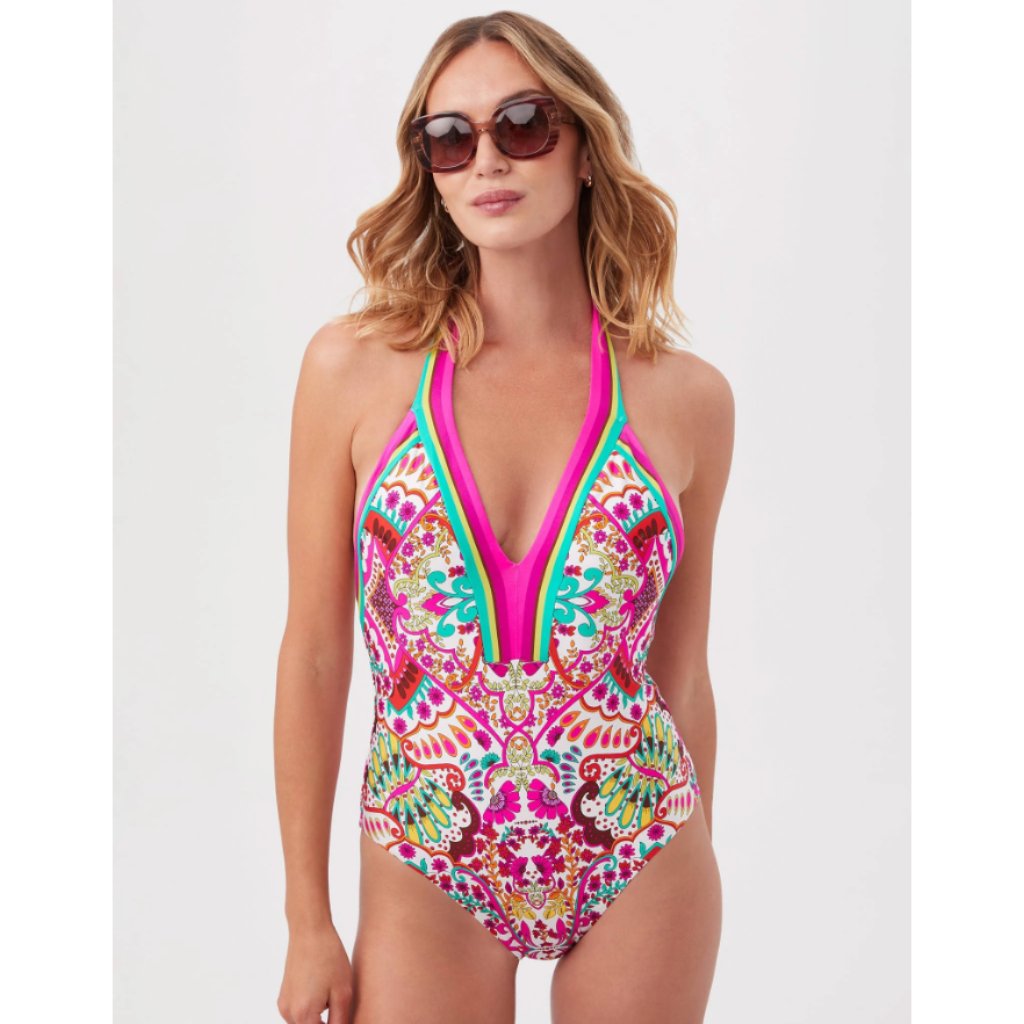 Nwt Trina Turk Women's Plunge One-Piece Swimsuit Pink Multi